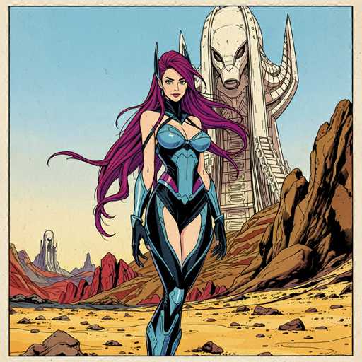 A stylish, detailed illustration of a futuristic female superhero in a dark blue and teal bodysuit with long, flowing magenta hair, standing confidently in a desolate, alien landscape. The background features red and brown rock formations under a pale blue sky, with a large, intricate alien structure looming in the distance. The overall style is reminiscent of comic book art with a slightly retro aesthetic, emphasizing dynamic lines and bold colors.