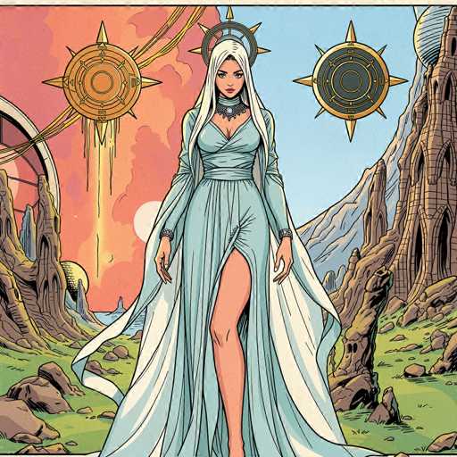 This vibrant cartoon illustration features a striking female character set against a dramatic backdrop. The woman, with long white hair cascading past her shoulders, is adorned in a flowing light blue dress that reveals her right leg. Her attire is complemented by a white cape and a black choker necklace, adding to her regal appearance. She stands confidently in a lush green field, surrounded by towering brown mountains. The sky above is split into two distinct hues: a serene blue on the right and a fiery red on the left, adding a sense of mystique to the scene. Flanking her are two large, circular objects with spiky edges, colored in gold and black, which resemble celestial bodies or ornate emblems. The overall composition exudes a sense of otherworldly grandeur and adventure.