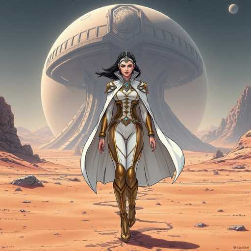 The image depicts a woman dressed in a white and gold outfit with a crown on her head, walking towards the right side of the frame. In the background, there is a large white structure that resembles an alien spaceship or planetarium, surrounded by mountains and rocks. The sky above them is dark blue, suggesting either nighttime or a cloudy day.