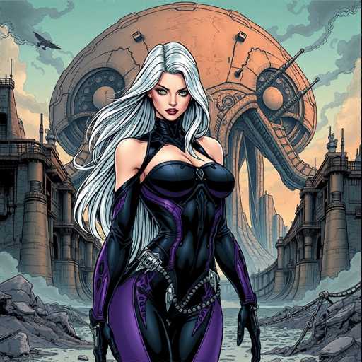 The image depicts a woman with long blonde hair and a purple outfit standing in front of an orange planet-like structure. The background features a castle-like building with multiple towers and spires, suggesting a medieval or fantasy setting.