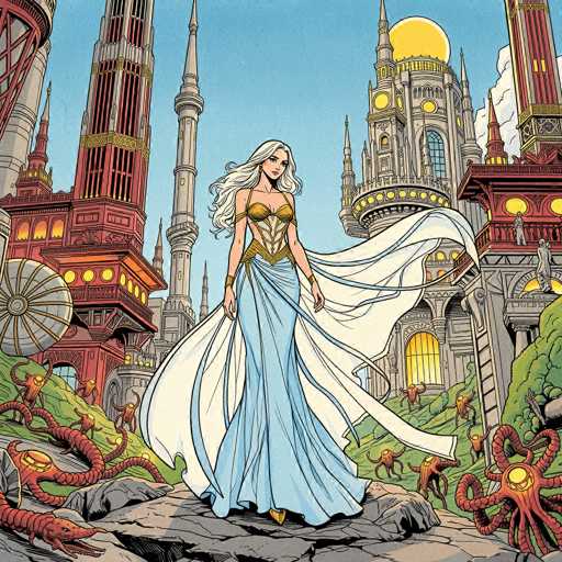 In this vibrant, cartoon-style image, a woman stands prominently in the foreground, exuding elegance and power. She is adorned in a striking blue dress that features a gold corset-like top, which leaves her shoulders and arms bare. Her long, flowing white hair cascades down her back, complementing the dress's dramatic train that billows out behind her. The woman's gaze is directed to the right, adding a sense of intrigue and purpose to her stance.

Surrounding her are numerous red, worm-like creatures with glowing yellow eyes, creating an eerie yet captivating atmosphere. These creatures are scattered across the scene, adding a dynamic and somewhat menacing element to the image. In the background, a majestic castle looms, its architecture blending elements of red and gray, with numerous spires reaching towards the sky. The castle's windows are illuminated, casting a warm glow that contrasts with the darker hues of the structure.

The sky above is a clear, vibrant blue, providing a serene backdrop to the otherwise intense scene. The woman stands on a rocky surface, which adds a rugged texture to the foreground, grounding the ethereal elements of the image in a more tangible reality. The overall composition is rich in detail and color, creating a visually stunning and immersive scene.