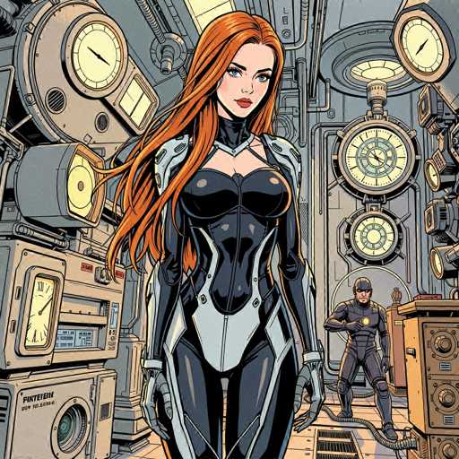 A detailed, retro-futuristic illustration of a woman in a sleek, black and silver spacesuit standing in a complex, metallic laboratory. The woman has long, flowing orange hair and piercing blue eyes, looking directly at the viewer with a confident expression. She's wearing a form-fitting spacesuit with silver accents and intricate detailing, including a high collar and segmented armor. 

To her right stands another figure in a similar spacesuit, facing forward with a determined posture. The background is filled with various technological devices – large circular clocks with glowing dials, control panels with buttons and screens, and intricate piping. The overall color palette is muted, with shades of gray, silver, and black dominating the scene, creating a vintage sci-fi aesthetic. The lighting is soft and diffused, highlighting the woman's figure and the details of her spacesuit. The style is reminiscent of retro comic book art, with bold lines and a slightly stylized perspective.