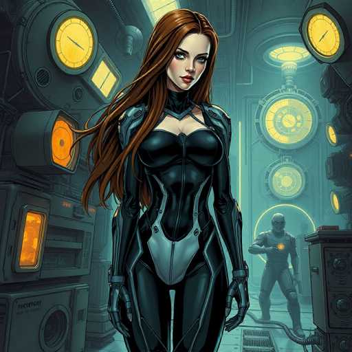 The image depicts a woman wearing a black and silver suit with a high collar and long hair cascading down her back. She is standing in front of a large machine that has multiple dials on it, suggesting a complex or industrial setting. The background features yellow lights and other machinery, indicating an environment where technology and industry are prevalent.