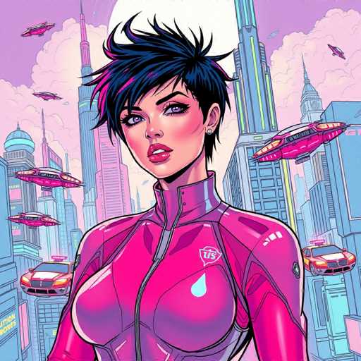 The image depicts a woman with short hair and a black outfit standing in the center of a cityscape filled with tall buildings and flying spaceships. The colors used are predominantly pink and blue, creating a futuristic and vibrant atmosphere.
