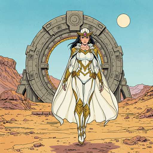 The image depicts a striking female superhero set against a desolate, rocky landscape. She stands confidently in front of a large, circular stone structure that resembles a portal, with a glowing yellow ring at its center. The sky above is a clear blue, and a bright yellow sun shines in the top right corner, casting a warm glow over the scene.

The superhero is adorned in a form-fitting white bodysuit, accentuated with intricate gold details. Her attire includes gold boots, gloves, and a cape, all contributing to her regal appearance. Atop her head, she wears a golden crown featuring a prominent pink jewel at its center, adding a touch of elegance and power to her ensemble.

Her long, flowing black hair cascades down her back, contrasting beautifully with her white suit. The ground beneath her is a barren expanse of dirt and rocks, devoid of any vegetation, emphasizing the harshness of her environment. In the distance, more rocky terrain stretches out, completing the rugged and barren landscape.