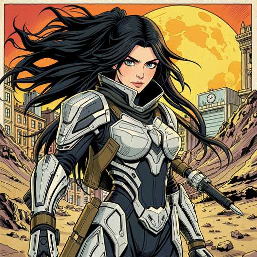 A detailed digital painting of a female warrior in futuristic armor, standing confidently amidst a desolate, desert-like landscape. The woman has long, flowing black hair with a dynamic, windswept style, and piercing blue eyes that gaze directly at the viewer. She is clad in a sleek, silver and dark gray futuristic armor with intricate paneling and tactical details. A large, futuristic rifle is slung across her back, and she wears a brown utility belt with pouches. 

The background features a stylized cityscape in the distance, bathed in warm, orange and yellow hues. A large, partially visible moon dominates the sky, casting a dramatic light on the scene. The ground is rocky and barren, with hints of dust and sand. The overall style is reminiscent of a comic book or graphic novel illustration, with bold lines and a slightly retro aesthetic. The color palette is muted yet vibrant, emphasizing the contrast between the cool tones of the armor and the warm colors of the background.
