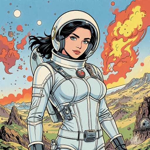 A detailed digital illustration of a woman in a futuristic white spacesuit, standing confidently against a vibrant alien landscape. The woman has dark hair and blue eyes, wearing a white helmet with a visor that reflects the surrounding environment. Her spacesuit is detailed with various panels, straps, and a prominent red emblem on the chest. She's holding a futuristic device in her right hand, and her left arm is partially visible with a detailed backpack. The background features a surreal alien landscape with rocky mountains, swirling orange and yellow flames in the sky, and several floating planets. The overall style is reminiscent of retro sci-fi art with a modern digital touch, emphasizing bold lines and vibrant colors.