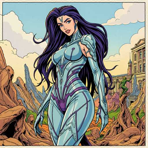 A detailed, vibrant digital painting in a comic book style depicts a woman standing confidently amidst a fantastical, alien landscape. She is the central focus, positioned in the foreground with a dynamic pose that suggests strength and poise. Her long, flowing dark purple hair cascades around her shoulders, contrasting with the sleek, futuristic silver and purple bodysuit she wears. The suit features intricate geometric patterns and appears to be made of a flexible, metallic material. 

Her expression is direct and engaging, with her blue eyes looking towards the viewer, conveying a sense of confidence and perhaps a hint of mystery. The background is equally detailed, showcasing towering, jagged rock formations in shades of brown and orange, with patches of vibrant green vegetation nestled among them. In the distance, a grand, ornate building stands under a partly cloudy sky with a light blue hue. 

Another figure, a green-skinned humanoid creature, is perched on one of the rock formations in the background, adding to the otherworldly atmosphere. The overall color palette is rich and saturated, with a slightly retro aesthetic reminiscent of classic comic book art. The artwork has a textured feel, suggesting depth and detail within the scene.