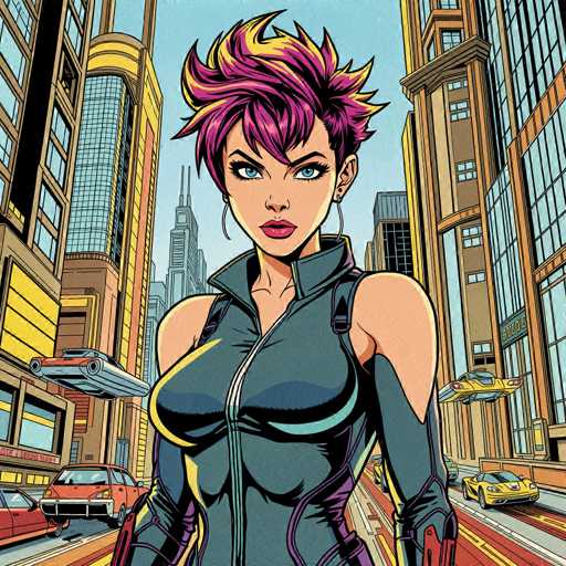 The image depicts a vibrant, futuristic cityscape reminiscent of a comic book or graphic novel. Towering skyscrapers dominate the skyline, with a mix of architectural styles including glass facades and brick exteriors. The streets below are bustling with activity, featuring a blend of traditional cars and flying vehicles, some of which resemble classic hot rods. The sky is a clear blue, adding to the overall bright and colorful atmosphere of the scene.

At the center of the image stands a striking woman who appears to be the focal point. She has short, spiky hair that is a mix of pink and purple, with yellow highlights. Her blue eyes are intense, and she wears bold red lipstick. She is dressed in a form-fitting, dark blue bodysuit that accentuates her figure, complete with a zipper running up the front. The bodysuit has cutouts around the shoulders and extends to cover her arms, ending in red gloves. She also sports large hoop earrings, adding to her bold and dynamic appearance. The woman's expression is serious, and she gazes directly at the viewer, creating a sense of engagement and intrigue.