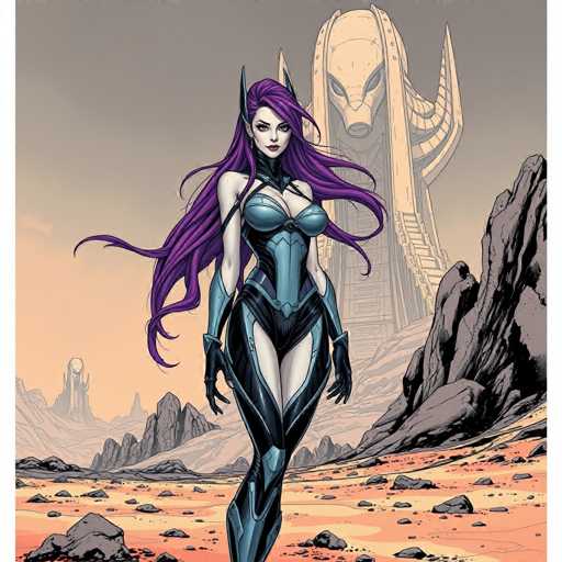 The image depicts a woman with long purple hair and blue armor standing on a rocky terrain surrounded by mountains. The sky above is a gradient of orange and pink hues, creating a surreal atmosphere. In the background, there are large rocks that appear to be part of an alien landscape or a futuristic cityscape.
