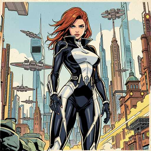 A stylish, detailed illustration of a woman in a futuristic black and white superhero suit standing confidently amidst a vibrant cityscape. The woman has long, flowing red hair and piercing green eyes, looking directly at the viewer with a determined expression. The suit is sleek and form-fitting, featuring sharp lines and accents of white on the chest and legs. She's wearing black gloves and boots, and her posture is poised and powerful. The cityscape behind her is a mix of towering skyscrapers with various architectural styles, some featuring futuristic designs and others more traditional. Flying vehicles are visible in the sky, adding to the futuristic atmosphere. The overall color palette is a mix of cool blues and warm oranges in the background, with the woman's suit providing a stark contrast. The style is reminiscent of comic book art, with bold lines and dynamic shading.