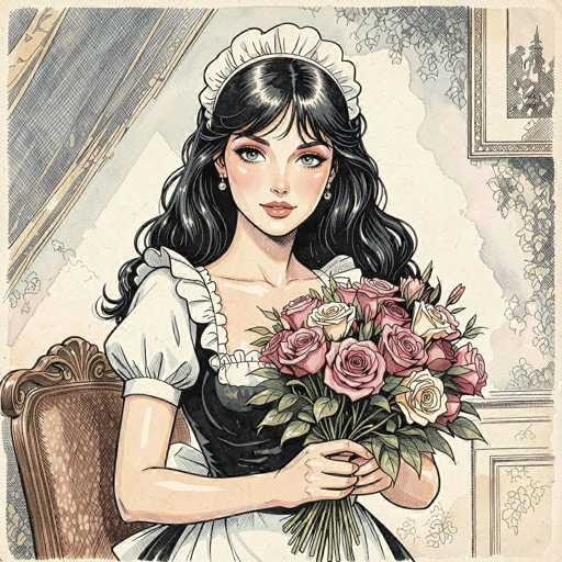 The image depicts a detailed, hand-drawn illustration of a young woman dressed as a maid. She has long, wavy black hair that cascades down to her chest, partially covered by a white maid's cap. Her striking blue eyes are accentuated with heavy eye makeup, and her lips are painted a vivid red. She is adorned with small pearl earrings and is wearing a traditional maid's uniform consisting of a black bodice with white frills and a white apron. The woman is seated on a brown, ornate wooden chair, holding a bouquet of pink and white roses with green leaves in her hands. The background features a white wall with a framed picture in the top right corner, depicting a building with a spire. The setting appears to be an elegant, possibly Victorian-era room, adding to the overall sophisticated and classic feel of the illustration.