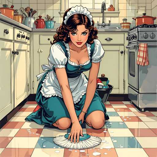 A woman wearing a maid's uniform is kneeling on a kitchen floor and cleaning it with a mop.