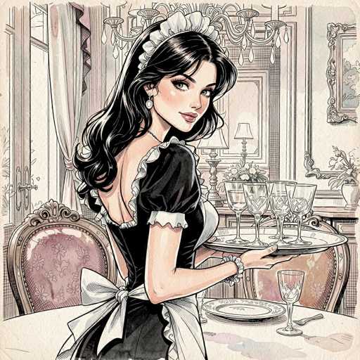 The image is a detailed, hand-drawn illustration of a young woman in a classic 1920s or 1930s maid's uniform, standing in a luxurious dining room. She has long, wavy black hair cascading down her back and is adorned with a white headband, pearl earrings, and a delicate necklace. Her maid's outfit features a black dress with white frills at the sleeves and hem, a white apron tied around her waist, and a white bow at the back. She is holding a tray with several empty wine glasses and a plate, poised to serve. The dining room around her is opulent, with a chandelier hanging from the ceiling, a large window with white curtains, and a table set with a white tablecloth, plates, and silverware. The background includes a wall with framed pictures, a fireplace adorned with a vase of flowers, and two ornate chairs with pink cushions. The overall scene is rendered in a black and white style with selective coloring, highlighting the maid's attire and the room's elegant details.