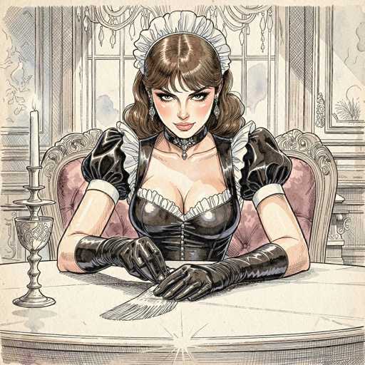 The image depicts a detailed, cartoon-style illustration of a woman seated at a round table. She is dressed in a maid's outfit, featuring a black corset with white frills, a white collar, and a white headband. Her attire includes black gloves with white cuffs, and her brown hair is styled in curls. The woman is holding a piece of paper in her right hand, which is resting on the table. The table itself has a white surface with a star-like design at the bottom. To the left of the woman, there is a lit candle in a silver holder and a silver goblet. She is seated on a pink chair with a wooden frame. The background reveals a window with curtains, a wall, and a picture frame. The overall color palette of the image includes shades of black, white, gray, brown, pink, and purple.