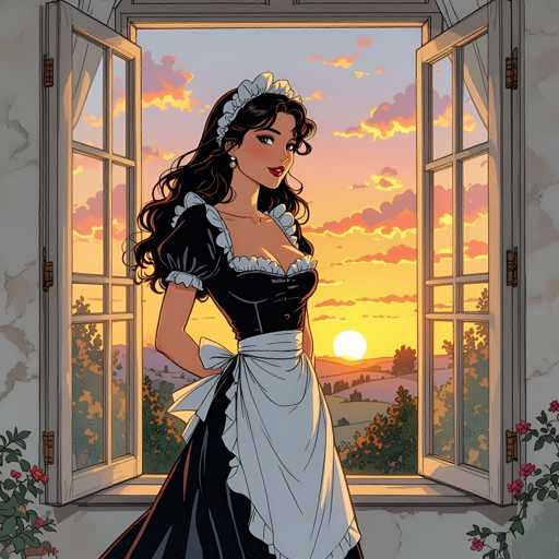 A woman dressed as a maid stands in front of an open window with pink flowers on the sill and a sunset visible through the glass.