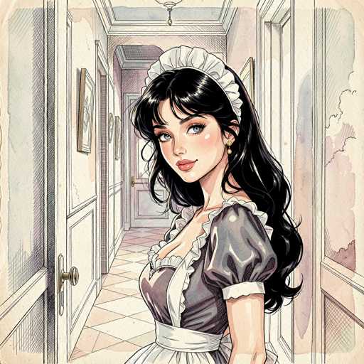 This detailed illustration depicts a young woman dressed as a maid, standing in the middle of a long, narrow hallway. She has long, dark hair cascading down her back and is adorned with a white cap that sits atop her head. Her attire consists of a gray dress with short sleeves, featuring white frills around the neckline and the cuffs of her sleeves. A white apron is tied around her waist, completing her maid's uniform. The woman has striking blue eyes and wears a subtle, closed-mouth smile as she gazes directly at the viewer.

The hallway itself is meticulously detailed, with a floor patterned in white and brown tiles. On the left side of the hallway, there are three doors, while the right side features two doors. The walls are adorned with framed pictures, adding a touch of homeliness to the scene. At the far end of the hallway, a door stands slightly ajar, hinting at the possibility of another room beyond. The overall composition of the image creates a sense of depth and draws the viewer's eye down the hallway towards the mysterious door at the end.