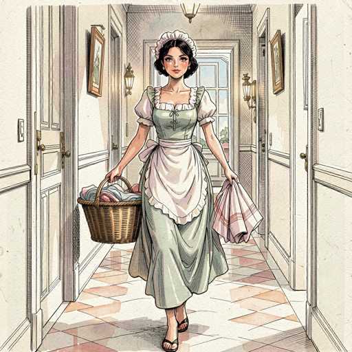 The image depicts a detailed illustration of a maid walking down a long, narrow hallway in a house. The maid is dressed in a light green dress with white puffy sleeves and a white apron that features a bow at the back. She wears a white cap that resembles a shower cap, and her dark hair is pulled back. Her cheeks are rosy, and she has a pleasant expression on her face. In her right hand, she carries a wicker basket filled with various items of clothing, while her left hand holds a folded towel. The floor beneath her is tiled in a pattern of pink, gray, and white. The hallway is lined with doors on both sides, each adorned with framed pictures above them. At the end of the hallway, a large window with a white frame allows natural light to flood in, revealing a glimpse of a blue sky and some trees outside.