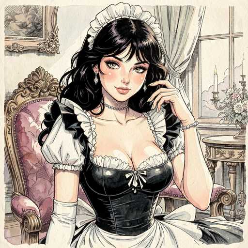 This detailed illustration depicts a young woman dressed in a maid's outfit, seated in an ornate chair. The chair features a pink cushion and a gold frame, adding a touch of elegance to the scene. The woman has long, dark hair and is adorned with a white headband, which complements her attire. Her outfit includes a black corset with a bow at the front, a white apron, and white gloves that extend up to her elbows. She accessorizes with a pearl bracelet on her left wrist and a choker necklace. Her expression is one of subtle allure, with her lips slightly parted and her left hand raised to her chin. The background reveals a window with a candle on the windowsill and a small table with a vase of flowers, adding to the room's sophisticated ambiance.