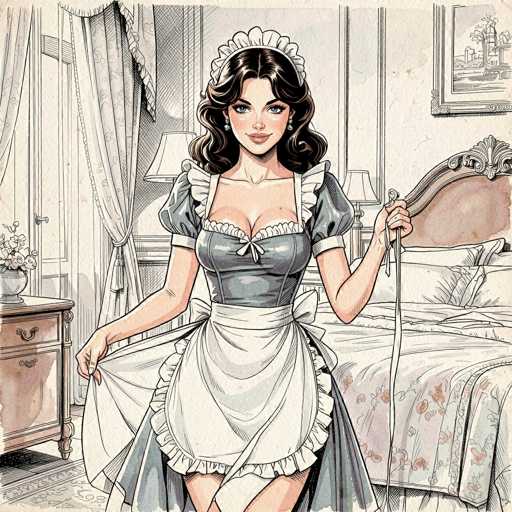The image depicts a detailed, cartoon-style illustration of a woman dressed in a maid's outfit, standing in a bedroom. She has long, dark brown hair that cascades down to her shoulders and is adorned with a white headband. Her attire includes a light blue dress with puffy sleeves, a white apron, and a corset-like top. The maid is holding a whip in her left hand and is smiling directly at the viewer. The room features a bed with a floral-patterned comforter and a wooden headboard, positioned to the right. To the left of the bed, there is a window with white curtains and a small dresser with a vase of flowers on top. The floor is covered with a rug, and the overall scene is rendered in a black-and-white style with selective color highlights.