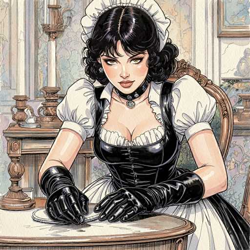 The image depicts a detailed, cartoon-style illustration of a woman dressed in a maid's outfit. She is seated at a round table, her hands resting on its surface. The woman has black hair styled in curls and is wearing a white maid's hat. Her attire includes a black corset with a white frilly top, a white skirt, and black gloves that extend to her elbows. A choker adorns her neck. The background features a white wall with a window, a brown table, and a brown candlestick holding a white candle. The overall scene is rendered in a cartoonish style, with the woman's face and hands being the most prominent elements in the foreground.