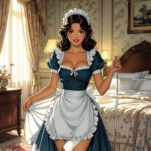 A woman dressed as a maid stands in front of a bed with white sheets and a floral patterned comforter. She is wearing a blue dress with white ruffles and a matching headband. The room has a window on the left side that lets in natural light, illuminating the scene.