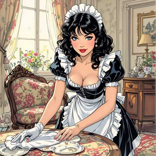 A woman dressed as a maid is depicted at work on a table with plates and flowers. She wears a black and white dress that matches the color scheme of her surroundings. The room features a window with curtains, a floral patterned chair, and a lamp in the background.