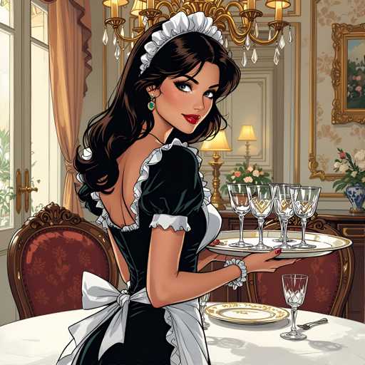 A woman dressed as a maid is serving drinks at a table with a white tablecloth and gold accents. The table has six glasses of wine arranged neatly on it.