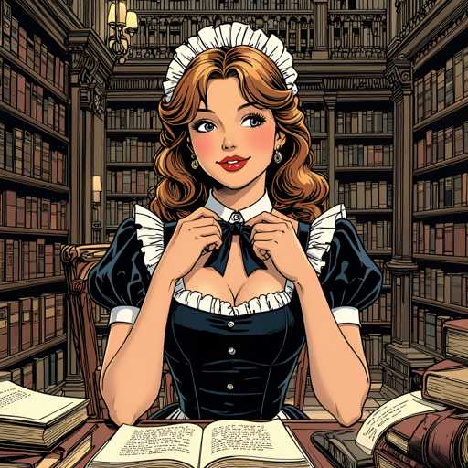 A woman dressed as a maid is seated at a desk surrounded by books and papers. She wears a blue dress with white lace sleeves and a white headband on her hair. The background features a library filled with numerous bookshelves.