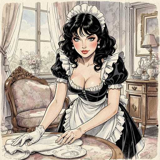 This detailed illustration depicts a young woman dressed in a traditional maid's outfit, standing in a Victorian-style room. She has long, wavy black hair adorned with a white cap, and her striking blue eyes are accentuated by heavy eye makeup. Her cheeks are blushed, and she wears red lipstick. The maid's uniform features a black dress with puffy sleeves, a white collar, and a white apron that extends to her knees. She also wears white gloves and has a corset-like bodice.

The room around her is richly detailed, with a window on the left side adorned with white curtains. A potted plant sits on the windowsill, and a wooden chair with a floral cushion is positioned nearby. In front of her, a round table holds a white cloth and a plate. To her right, a wooden dresser with a gold-framed mirror above it is visible, along with a lamp and a vase with flowers on top. The floor is covered with a pink carpet, adding to the room's Victorian ambiance. The overall scene is rendered in a cartoon style, emphasizing the intricate details and the maid's poised demeanor.