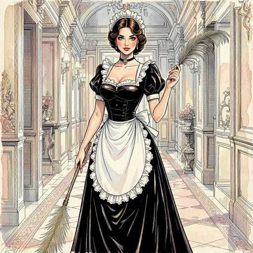 The image depicts a detailed, cartoon-style illustration of a young woman dressed as a maid, standing in the middle of an opulent mansion hallway. She is wearing a black dress with puffy sleeves and a white apron, complemented by a white headband. Her brown hair is styled in a bun, and she has a black choker around her neck. The maid is holding a feather duster in her right hand and a large, grayish-black fan in her left hand. The hallway features intricate architectural details, including white columns, a chandelier hanging above her, and vases filled with flowers on the sides. The floor is adorned with a pink carpet bordered by a purple trim. The overall scene exudes a sense of elegance and grandeur, with the maid appearing poised and ready to serve.