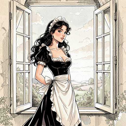 The image depicts a detailed, hand-drawn illustration of a woman dressed in a maid's outfit, standing in front of an open window. The artwork is rendered in a style reminiscent of colored pencil or ink, with a focus on intricate details. The maid is wearing a black dress adorned with white frills and an apron tied around her waist. Her long, curly black hair cascades down her back, and she has a white headband or cap. She is positioned with her body facing to the right, but her head is turned towards the viewer, revealing her dark eyes and a slight smile. Her hands are placed behind her back, adding to her poised demeanor.

The background showcases a serene landscape with rolling hills, trees, and a bright sun, all under a blue sky dotted with clouds. The open window behind her has white frames and panes, allowing a glimpse of the picturesque scenery outside. The walls of the room are a light beige color, and there are plants visible on the left and right sides of the image, adding a touch of greenery to the indoor setting. The overall composition is rich in detail, capturing both the character and the tranquil environment around her.