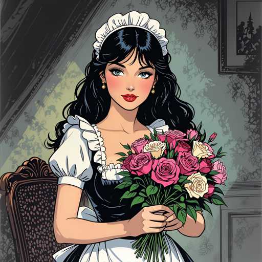 A woman with long dark hair is holding a bouquet of pink and white roses against a black background. She is wearing a white dress and a white headband.