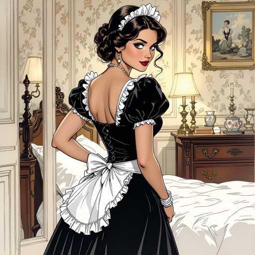 The image depicts a woman wearing a black dress with white ruffles and a matching headband standing on a bed next to a nightstand holding a lamp. The background features a floral wallpaper and a painting of a person in the corner.