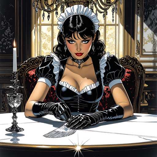 The image depicts a woman dressed as a maid sitting at a table with a candle on it. She is wearing a black dress and a white apron, which adds to the vintage feel of the scene. The background features a window that allows natural light to enter the room, creating an atmosphere of warmth and comfort.