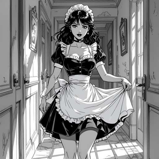A woman wearing a maid's uniform is walking down a hallway with her hair tied up and holding the door open for someone behind her.