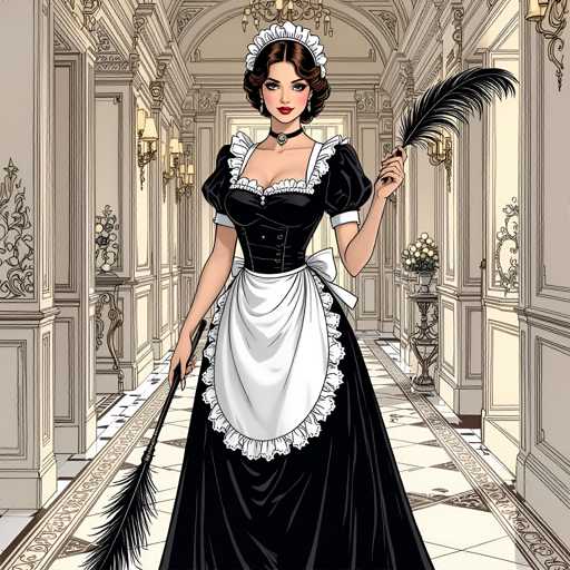 A woman dressed as a maid is standing in an ornate hallway with white walls and columns on either side. She is wearing a black dress with a white bodice and skirt, and holding a broom in her right hand while a potted plant rests on the floor to her left. The image does not contain any text or other discernible objects.
