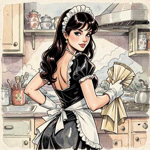 This detailed illustration, reminiscent of a 1950s comic book style, features a woman dressed in a classic maid's outfit. She stands in a kitchen, her back partially turned towards the viewer, with her head looking over her shoulder. Her long, dark brown hair cascades down her back, and she wears a white headband that complements her attire. Her outfit includes a black dress with white frills at the shoulders and a low-cut back, a white apron tied around her waist, and white gloves. She accessorizes with a pearl necklace and gold earrings, and holds a yellow fan in her left hand.

The kitchen around her is meticulously detailed. Behind her, a window reveals a serene outdoor scene with trees and a body of water. Inside, the kitchen features a sink with a red cup filled with utensils, a stove with a pot, and a shelf above the sink holding various teapots and kitchen items. The cabinets are white, and the overall color palette includes shades of black, white, gray, red, pink, blue, yellow, and green. The illustration captures a moment of poised elegance, blending vintage charm with intricate kitchen details.