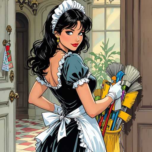 The image depicts a woman dressed as a maid standing in front of an open door with a yellow bucket and various cleaning tools hanging on the wall behind her. The woman is wearing a white apron and a black and white striped dress, suggesting she is a maid or housekeeper.
