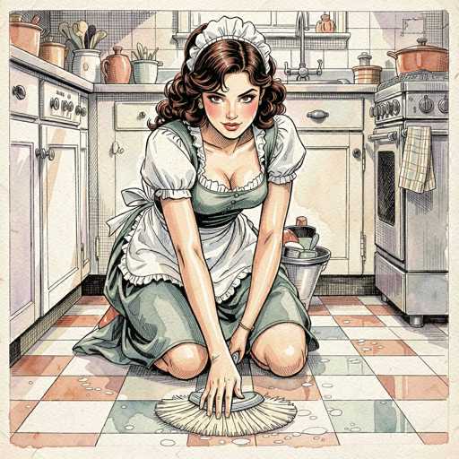A vintage-style illustration of a woman in a traditional maid's uniform, kneeling to clean a kitchen floor with a brush. The illustration has a retro aesthetic, reminiscent of old-fashioned illustrations or vintage posters. The woman is depicted with curly brown hair and a focused expression, her gaze directed towards the floor. She's wearing a light green apron over a white blouse and a matching skirt, with a white lace cap on her head. The kitchen is detailed with vintage-style cabinets, a stove, and various kitchenware items like pots, pans, and utensils. The floor is tiled with a checkered pattern of light and dark tiles, and water droplets are scattered around the area where she's cleaning. The overall color palette is muted, with warm tones of beige, brown, and pastel colors dominating the scene. The style is detailed and slightly textured, giving it a vintage feel.