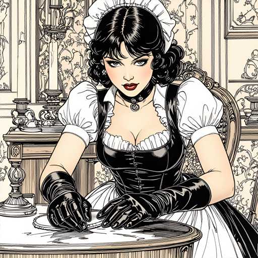 A woman dressed as a maid is seated at a table with a plate of food in front of her. The background features a floral wallpaper and a chandelier hanging from the ceiling.