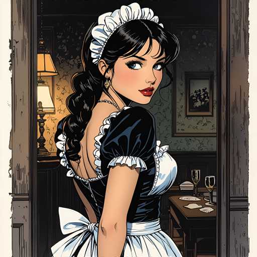 The image depicts a woman wearing a white maid's dress and a white headband with black ruffles. She is standing in front of a wooden door that has a window on the right side. The room behind her features a dining table with wine glasses and plates arranged neatly around it, suggesting an elegant setting or perhaps a restaurant interior.