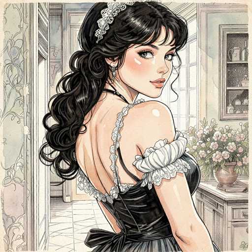 This detailed illustration depicts a woman with long, dark brown hair styled in a ponytail, adorned with a white lace headband. She is wearing a black dress with delicate white lace accents on the shoulders and a thin black strap over her left shoulder. The dress features a deep V back, revealing her bare shoulders and upper back. Her face is turned towards the viewer, showcasing her blue eyes, pink lips, and rosy cheeks. She is accessorized with a silver earring on her right ear. The background suggests she is in a kitchen, with a window behind her and a cabinet to the right. On the cabinet sits a vase filled with pink flowers, and above it, a shelf holds various kitchen items. The floor beneath her is white, and the wall to her left is decorated with a floral pattern.