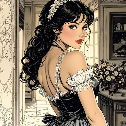 The image depicts a woman with long dark hair wearing a white lace corset and a black dress. She is standing in front of a doorway that leads to another room, suggesting she may be entering or leaving the space. The background features a floral arrangement on a table, adding an element of elegance to the scene.