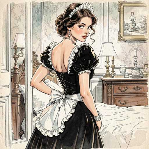 This detailed illustration depicts a young woman dressed in a Victorian-era maid's uniform, standing in a bedroom. She is wearing a black dress with puffy sleeves and a white apron tied around her waist. Her dark brown hair is styled in a bun, adorned with a white headband, and she has a pearl necklace and diamond earrings. The maid is looking over her shoulder directly at the viewer, with her left hand resting on her hip. The room features a white bed with a brown headboard and footboard, a wooden dresser with two drawers, and a white lamp with a gold base. The walls are covered in floral wallpaper, and there is a painting of a woman sitting in a garden. A white door is visible to the left of the maid, adding to the room's authenticity and period feel.