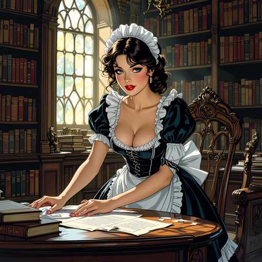 A woman dressed as a maid is seated at a table with a book and papers in front of her. The room has tall bookshelves filled with various books on the walls, creating an atmosphere of knowledge and learning.