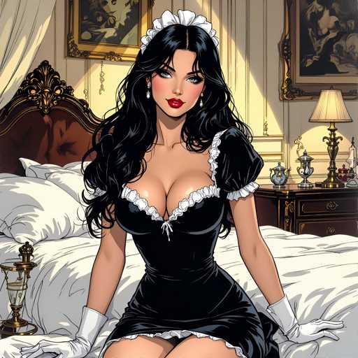 A woman dressed as a maid is seated on a bed with white sheets and gold accents. She wears a black dress with white lace sleeves and a matching headband. The room features a large window that allows natural light to illuminate the space, and a lamp can be seen in the background.