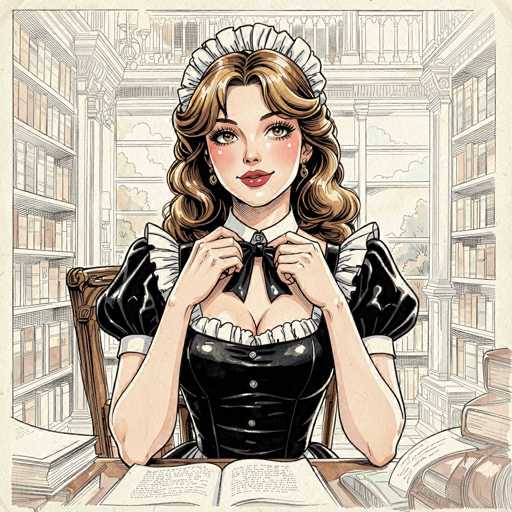 The image depicts a detailed, cartoon-style illustration of a young woman dressed in a traditional maid's outfit, seated at a desk in a grand library. She has long, curly brown hair and is wearing a white maid's cap, a black dress with white frills around the collar and sleeves, and a black bow tie. Her makeup includes red lipstick and rosy cheeks, and she is accessorized with gold earrings. The woman is smiling and looking directly at the viewer, her hands raised to adjust her bow tie. The library setting is richly detailed, with numerous bookshelves filled with books on either side of her, and a large window behind her that reveals a view of trees and clouds outside. The desk in front of her is cluttered with open books, and a chair is positioned behind her. The overall scene is rendered in a black-and-white style with selective coloring, emphasizing the woman and her attire.