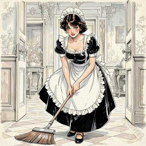 This detailed illustration depicts a maid in a vintage black and white style, reminiscent of the 1920s or 1930s. The maid is dressed in a traditional black dress with puffy sleeves, a white apron, and a white cap, her short brown hair neatly styled. She is holding a broom and appears to be sweeping a diamond-patterned floor. The setting is an opulent mansion, with ornate wallpaper adorned with floral designs and intricate door handles. The room features elegant furniture, including a table with a vase of flowers and a chandelier hanging from the ceiling. The illustration is primarily in black and white, with subtle watercolor accents of light pink and blue, adding a touch of color to the scene.