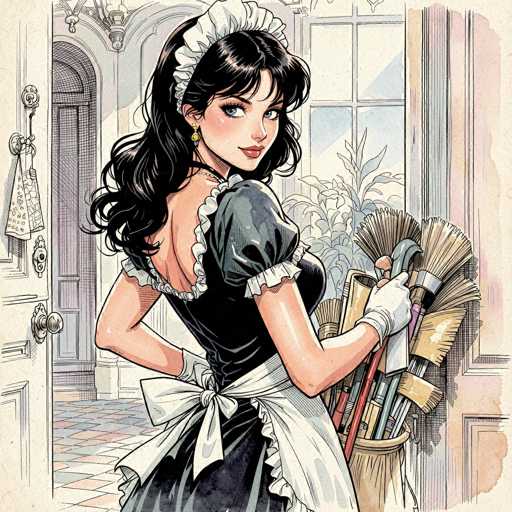 The image is a detailed, cartoon-style drawing of a woman dressed in a classic maid's outfit, standing in a room with her back to the viewer but looking over her shoulder. She has long, dark black hair and is wearing a white maid's cap. Her dress is black with short sleeves adorned with white lace, and it features a deep V-neckline that reveals her shoulders and back. A white apron is tied around her waist, and she wears white gloves on her hands. In her left hand, she holds a bundle of various brooms and mops, while her right hand rests on her hip. The room around her has a checkered floor in shades of blue, pink, and white, and a white door with a towel hanging from it is visible to her left. To her right, there is a window with a plant in front of it and a brown basket filled with cleaning supplies. The overall scene is set in a domestic environment, capturing the essence of a traditional maid's setting.